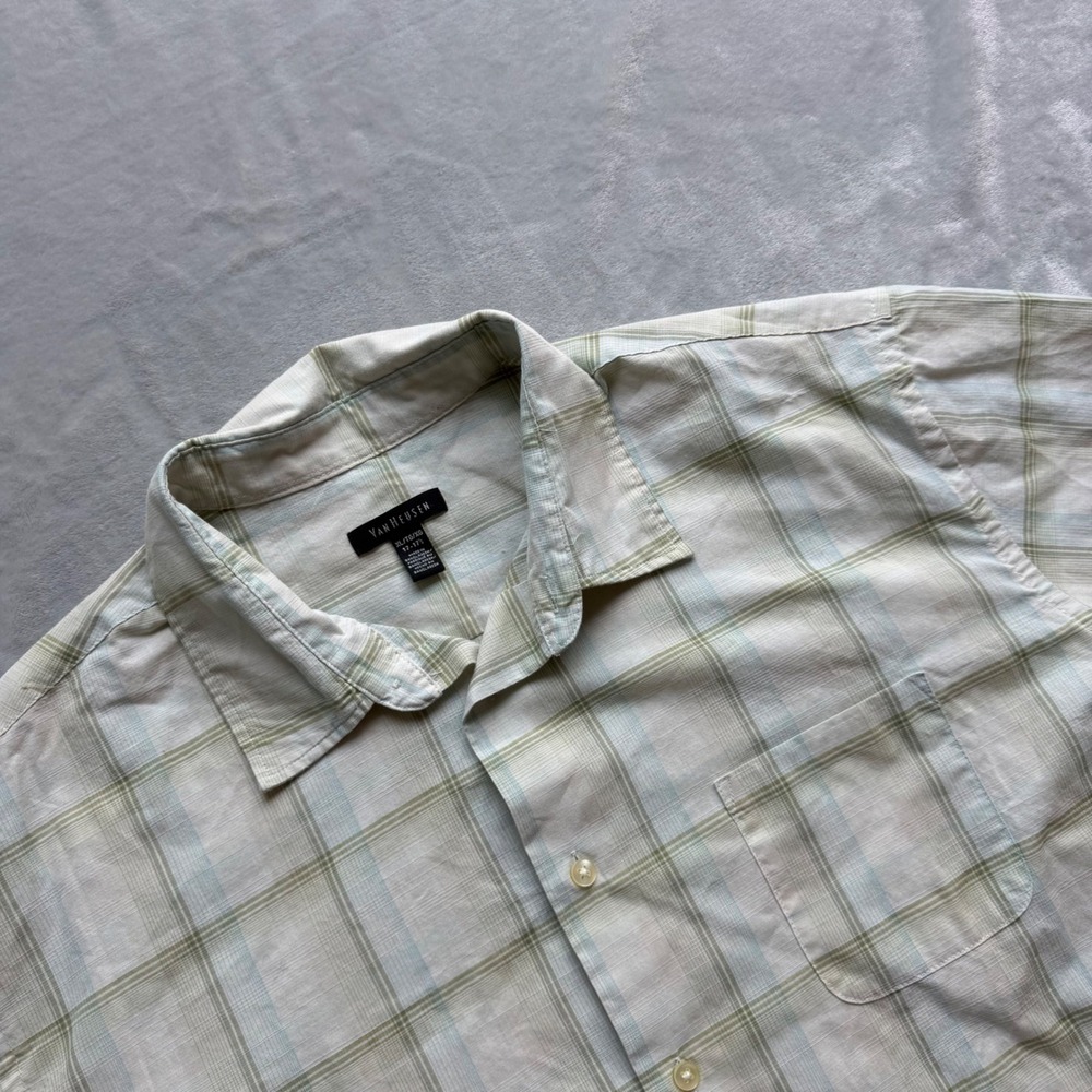 Van Heusen Button Down Mens XL Green Plaid Short Sleeve Casual Shirt 5024282